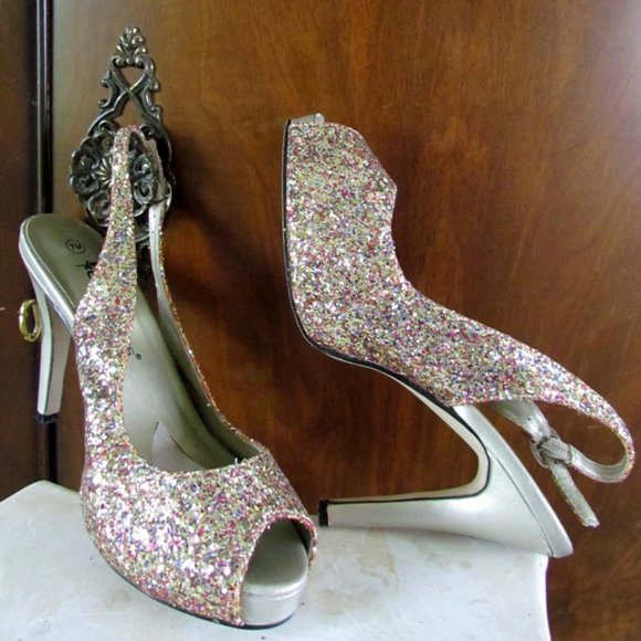 GLITTER SHOES, 7, GALA GLAM, SPARKLY COLORIFFICS SLINGBACKS w 4" HEELS, PARTY! - Picture 7 of 11